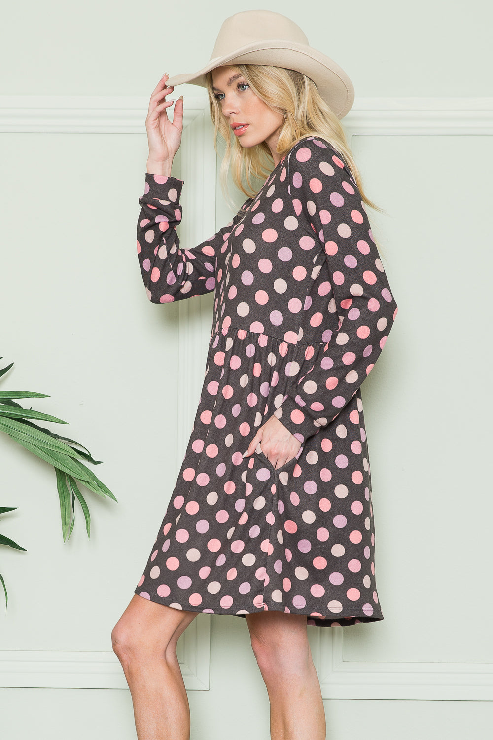 Cross Back Polka Dot Dress with Pockets Color Charcoal Combo
