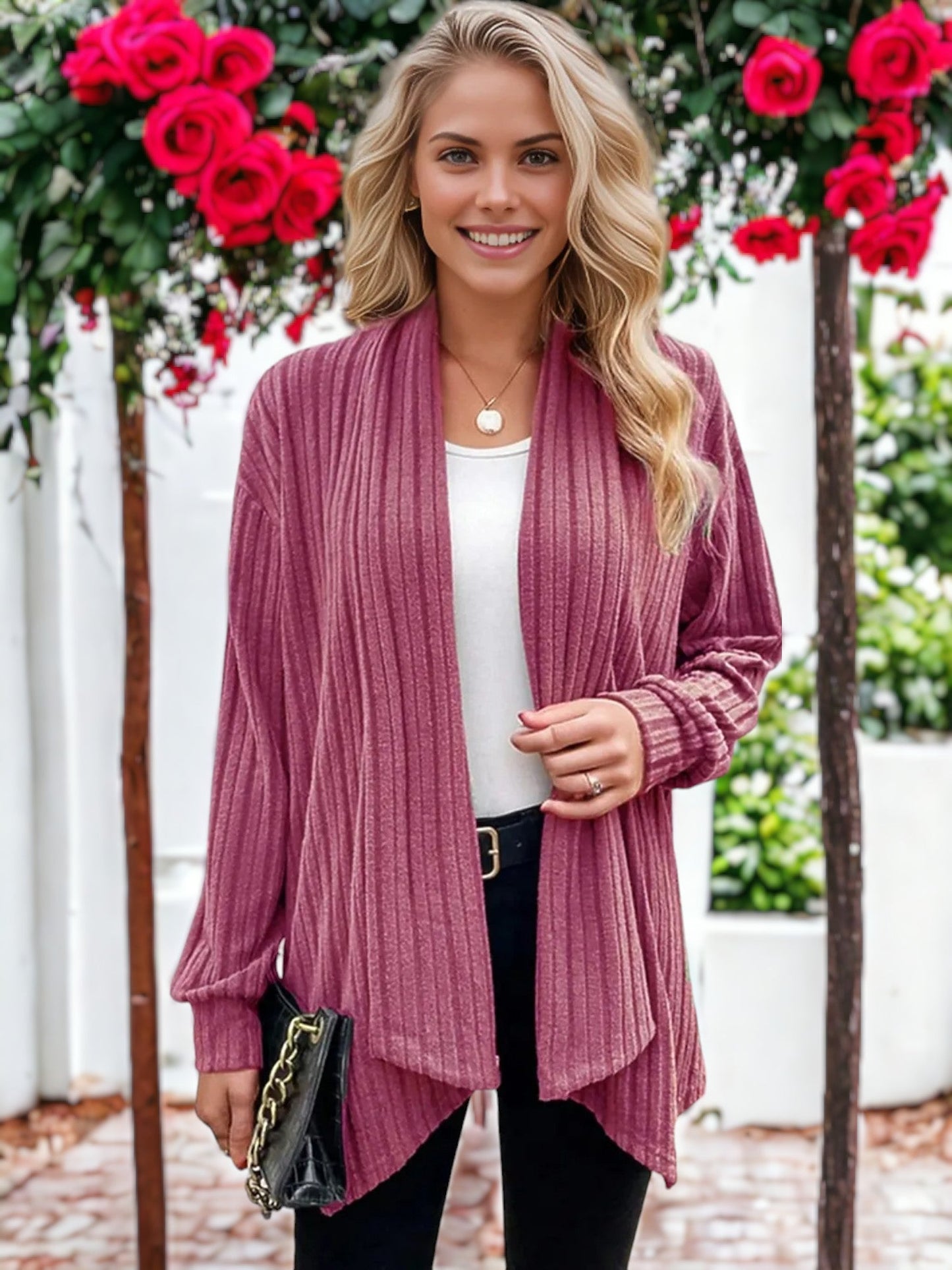 Ribbed Knit Light Draped Textured Cardigan by Anna-Kaci