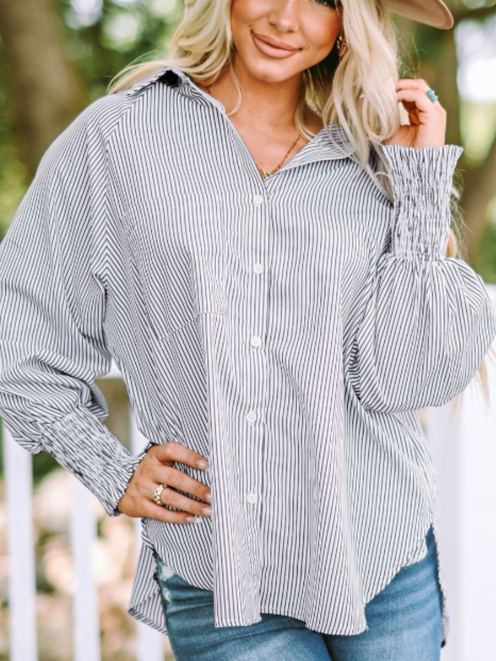 Striped Collared Neck Lantern Sleeve Shirt