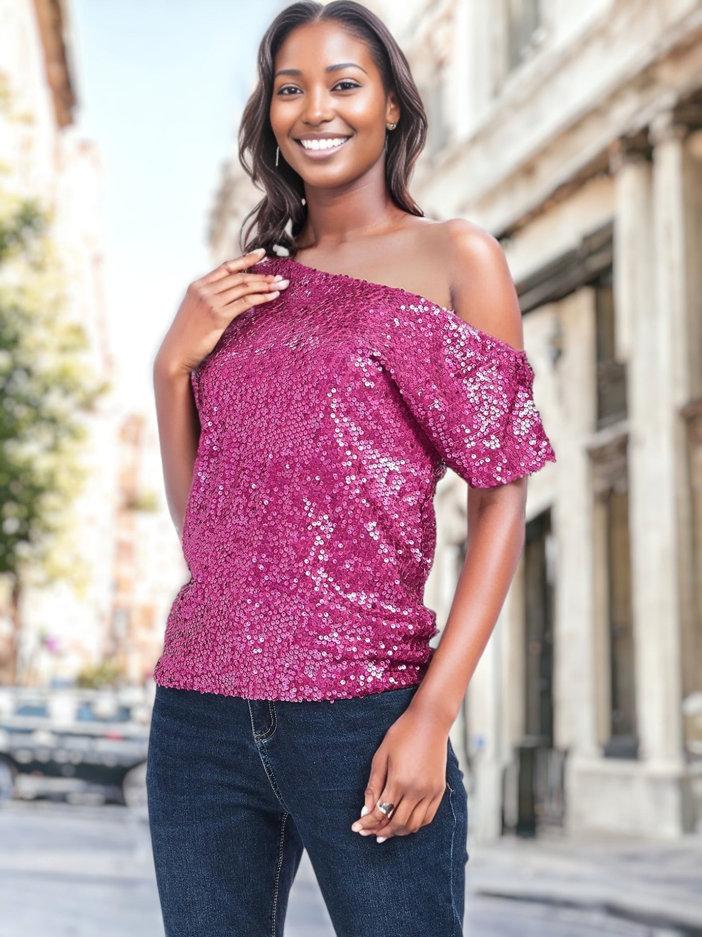 One Shoulder Cap Sleeve Sequin Top by Anna-Kaci