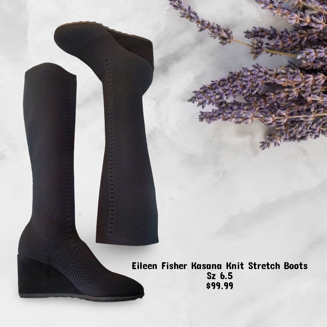 Eileen Fisher Kasana Knee High Wedge Boot Black Knit Stretch Sz 6.5M