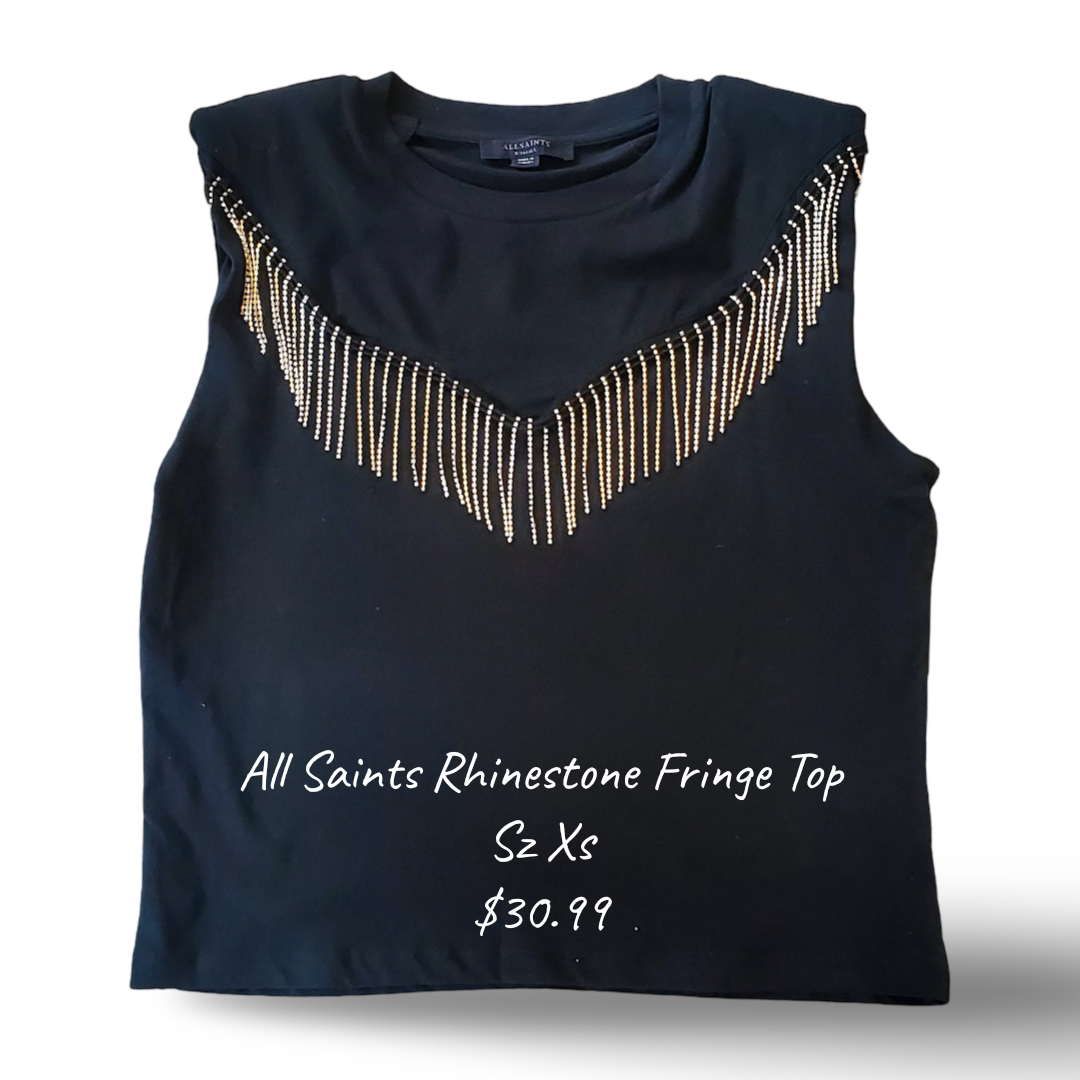 All Saints Rhinestone Fringe Sleeveless Tee-Shirt Sz X-Small