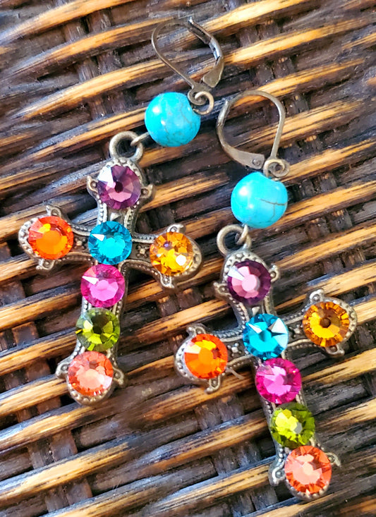 Rainbow Rhinestone Cross Earrings