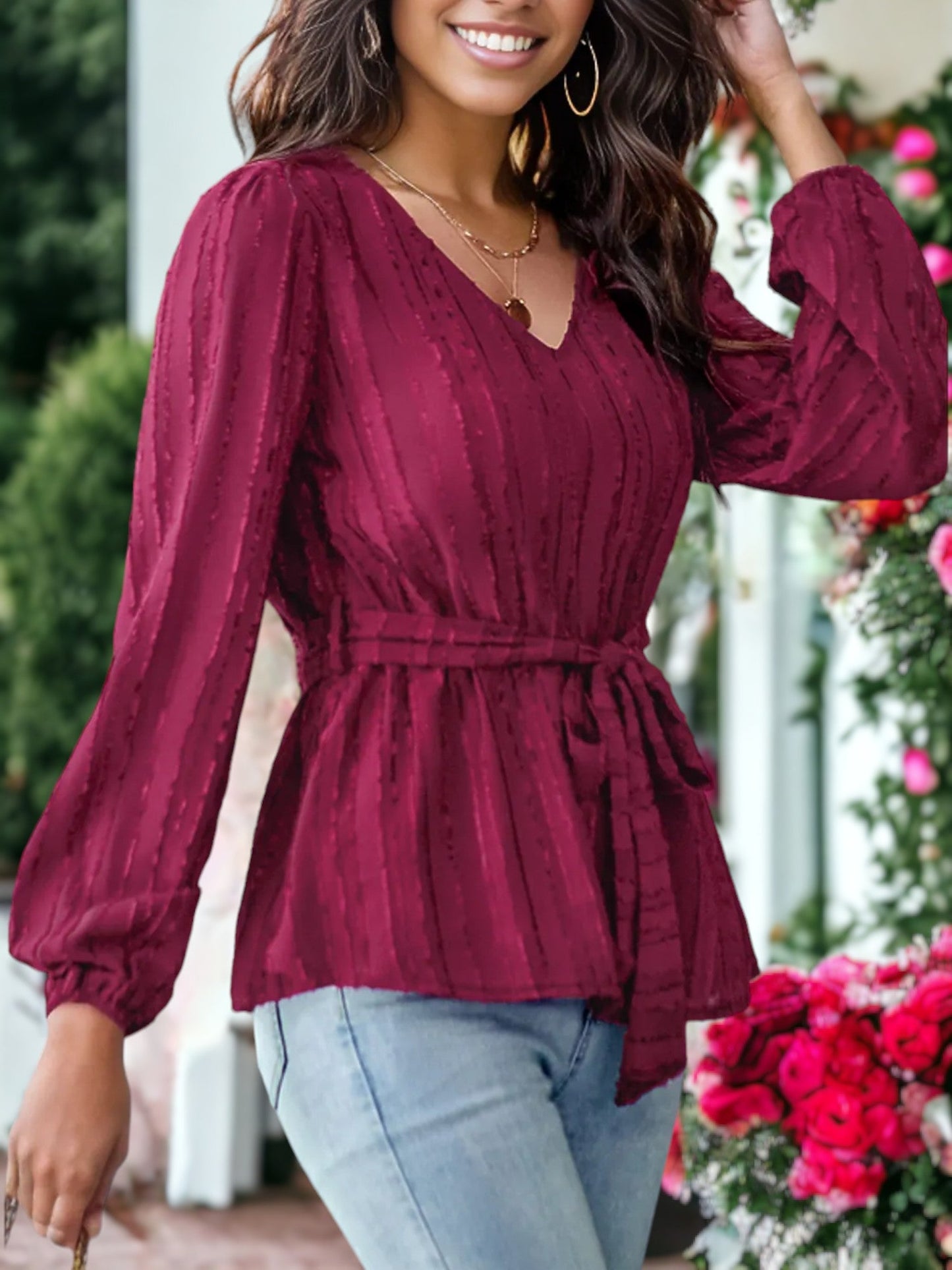 V Neck Textured Peplum Hem Long Sleeve Blouse by Anna-Kaci