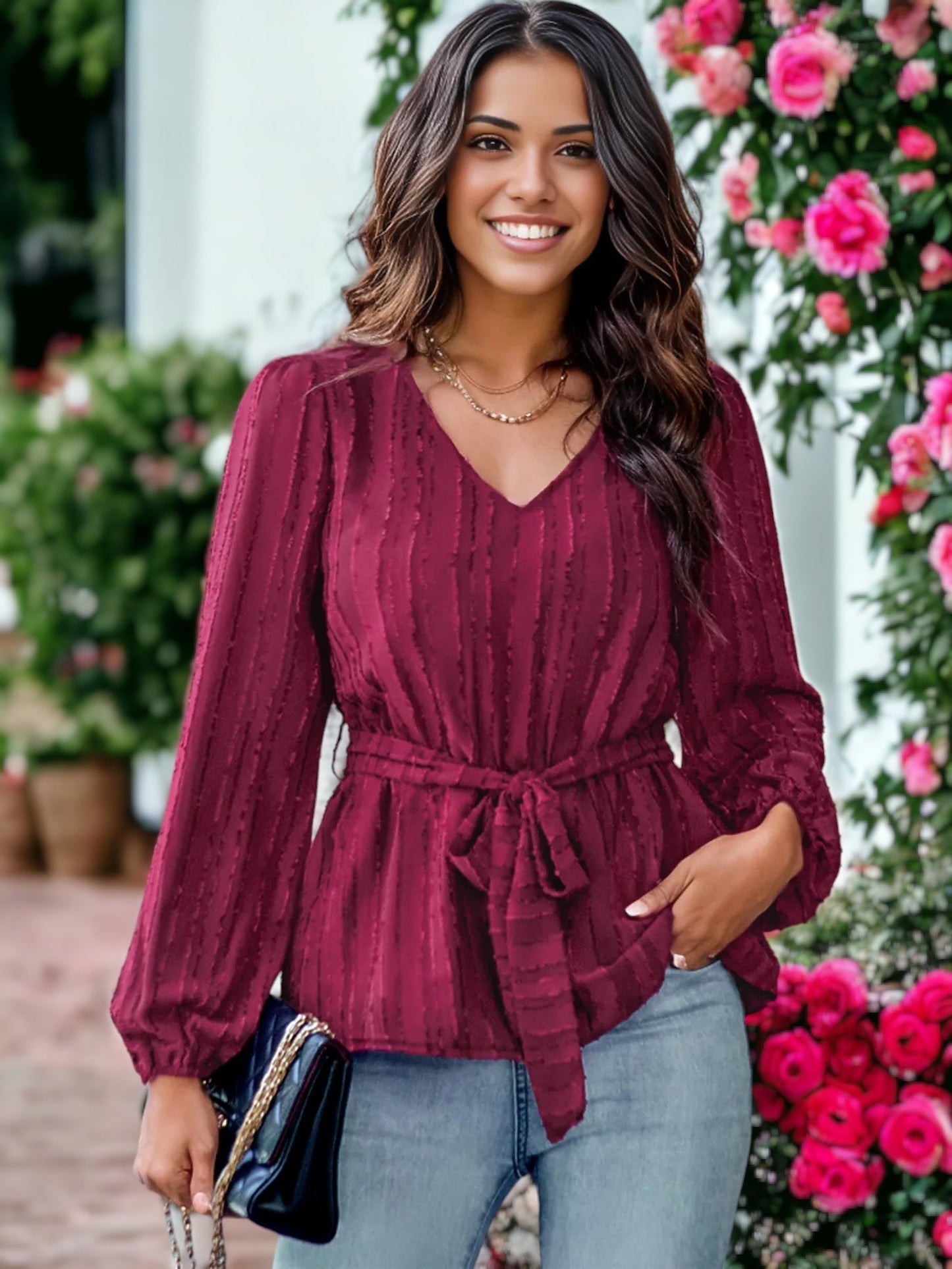 V Neck Textured Peplum Hem Long Sleeve Blouse by Anna-Kaci