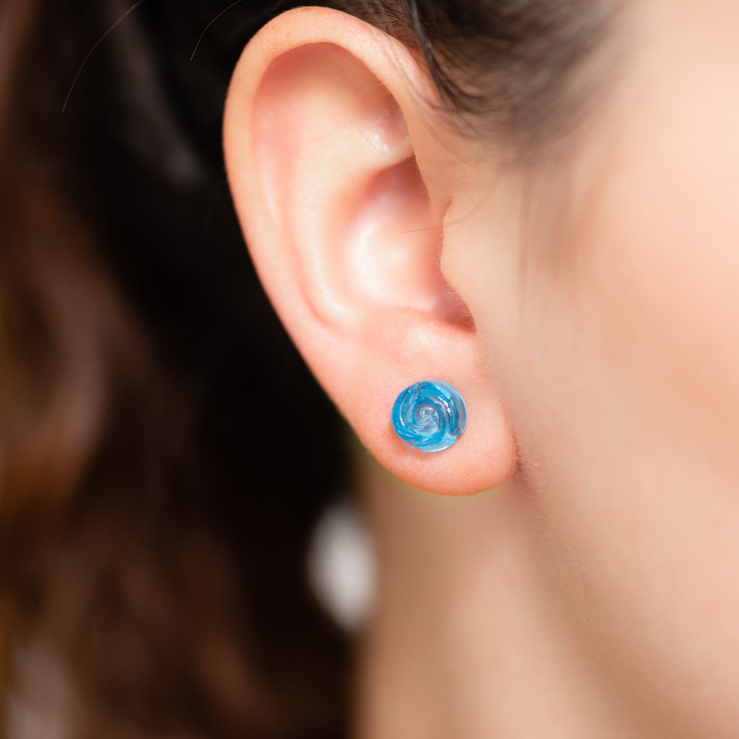 Aqua Blue Carved Lucite Rose Stud Earrings
