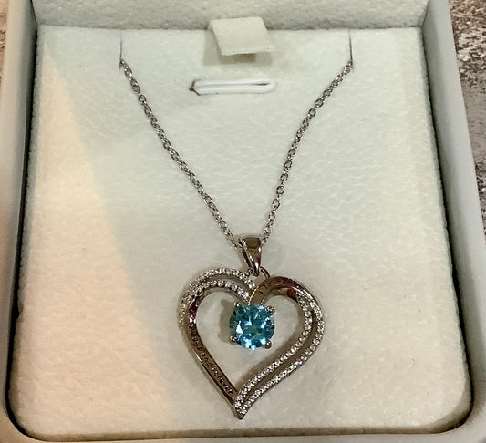 Sterling Silver Heart Aquamarine Stone Pendant Necklace