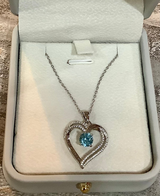 Sterling Silver Heart Aquamarine Stone Pendant Necklace