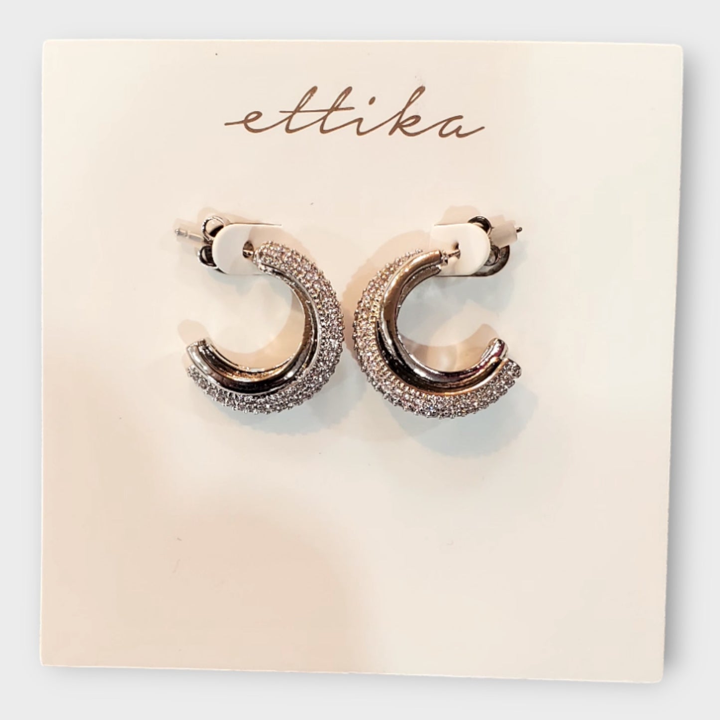 Ettika Half Moon Rhinestone Silver Earrings