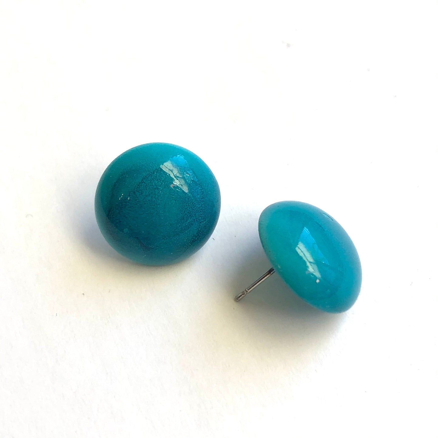 Aqua Blue Enamel Lacquered Retro Button Stud Earrings