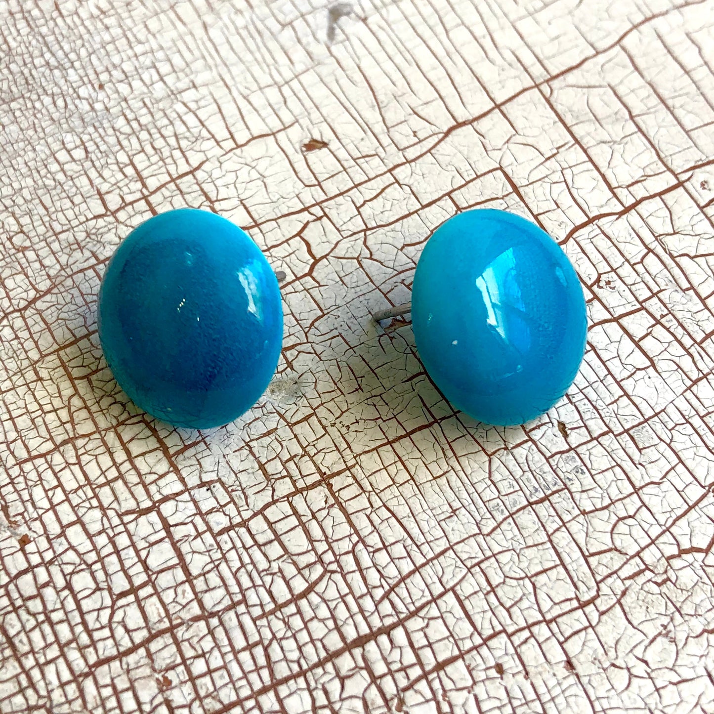 Aqua Blue Enamel Lacquered Retro Button Stud Earrings