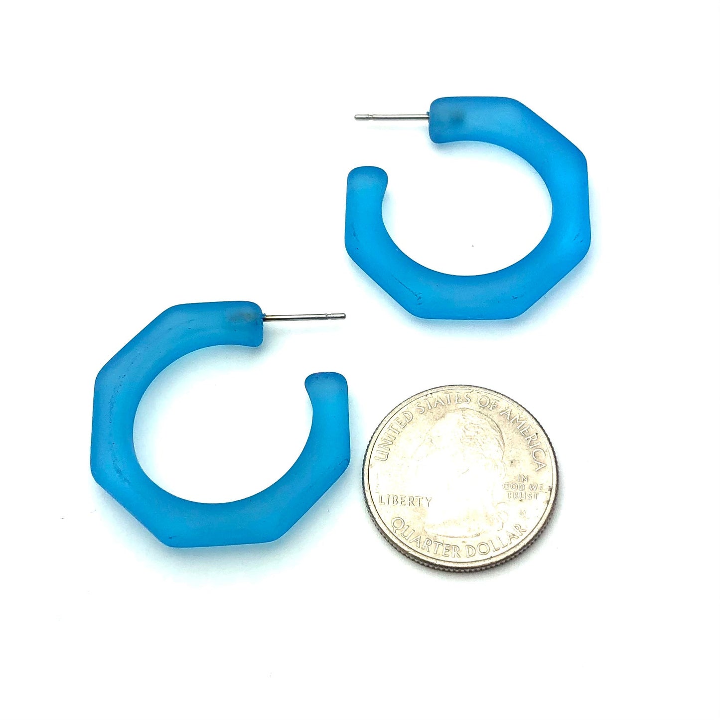 Aqua Blue Frosted Octagon Kay Hoop Earrings