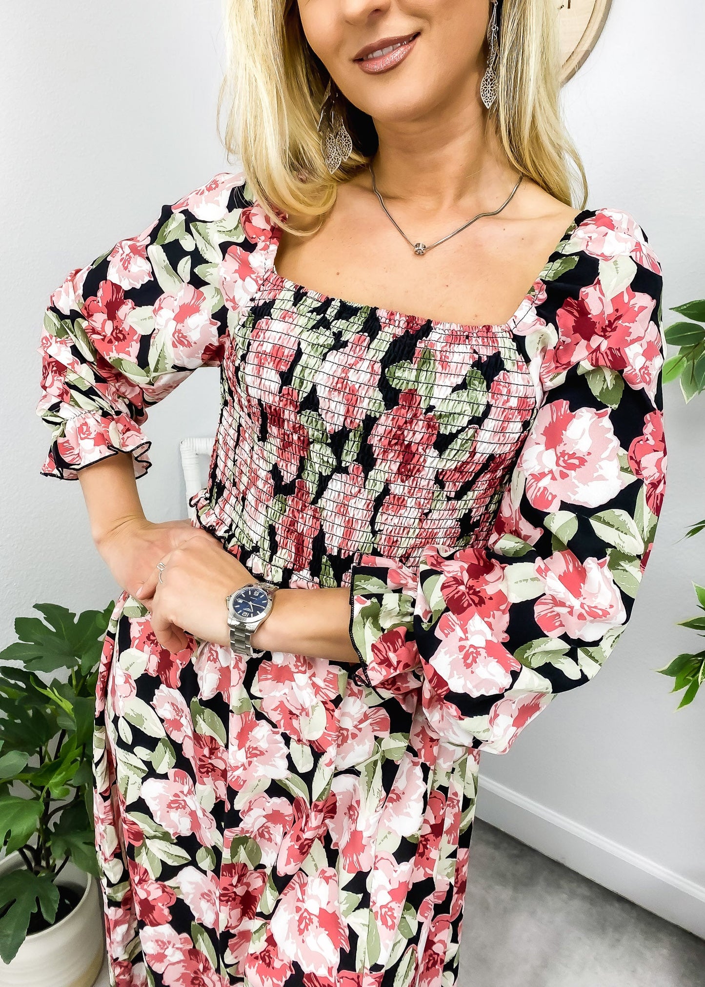 Square Neck Shirred Floral Dress by Anna-Kaci