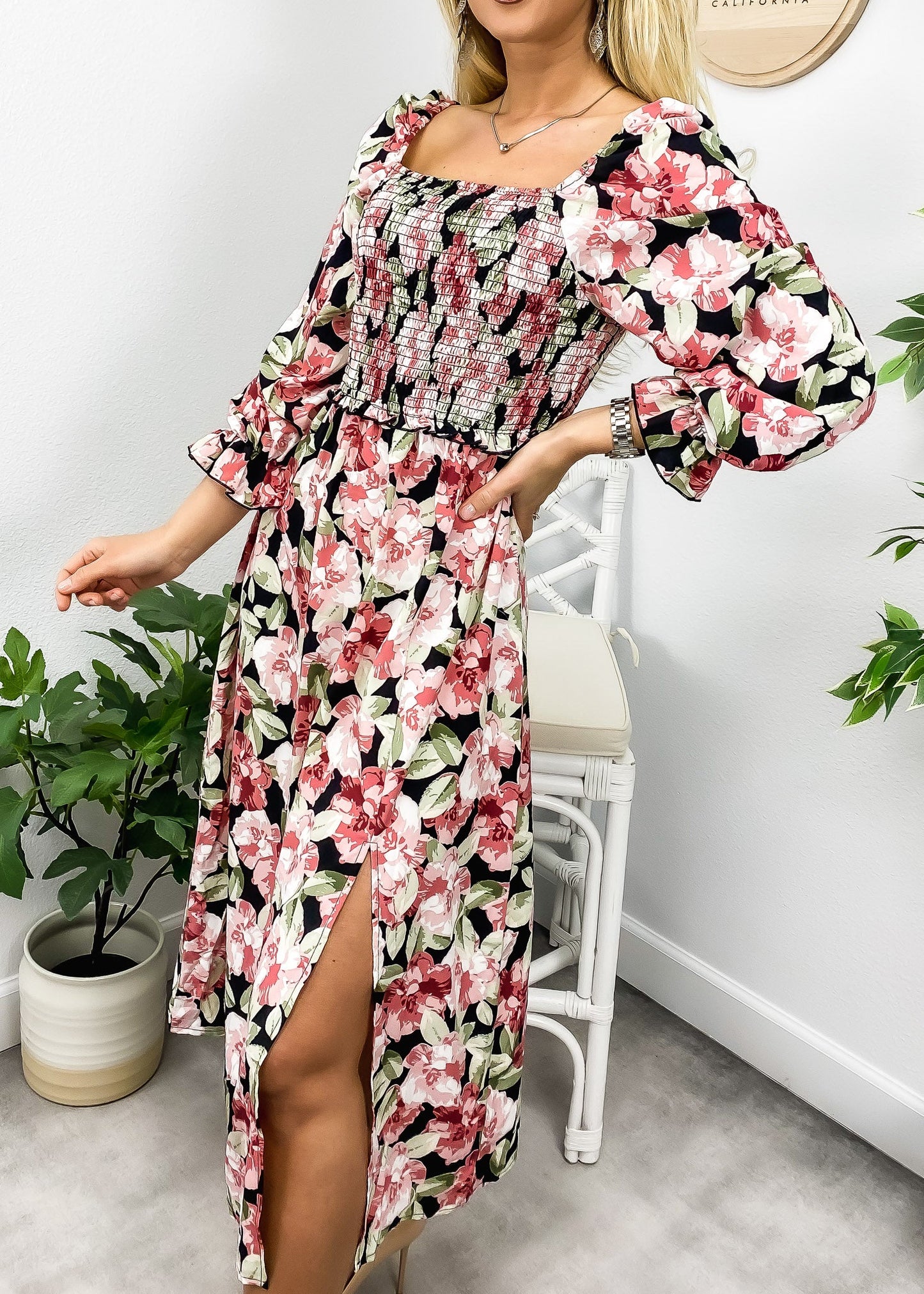 Square Neck Shirred Floral Dress by Anna-Kaci