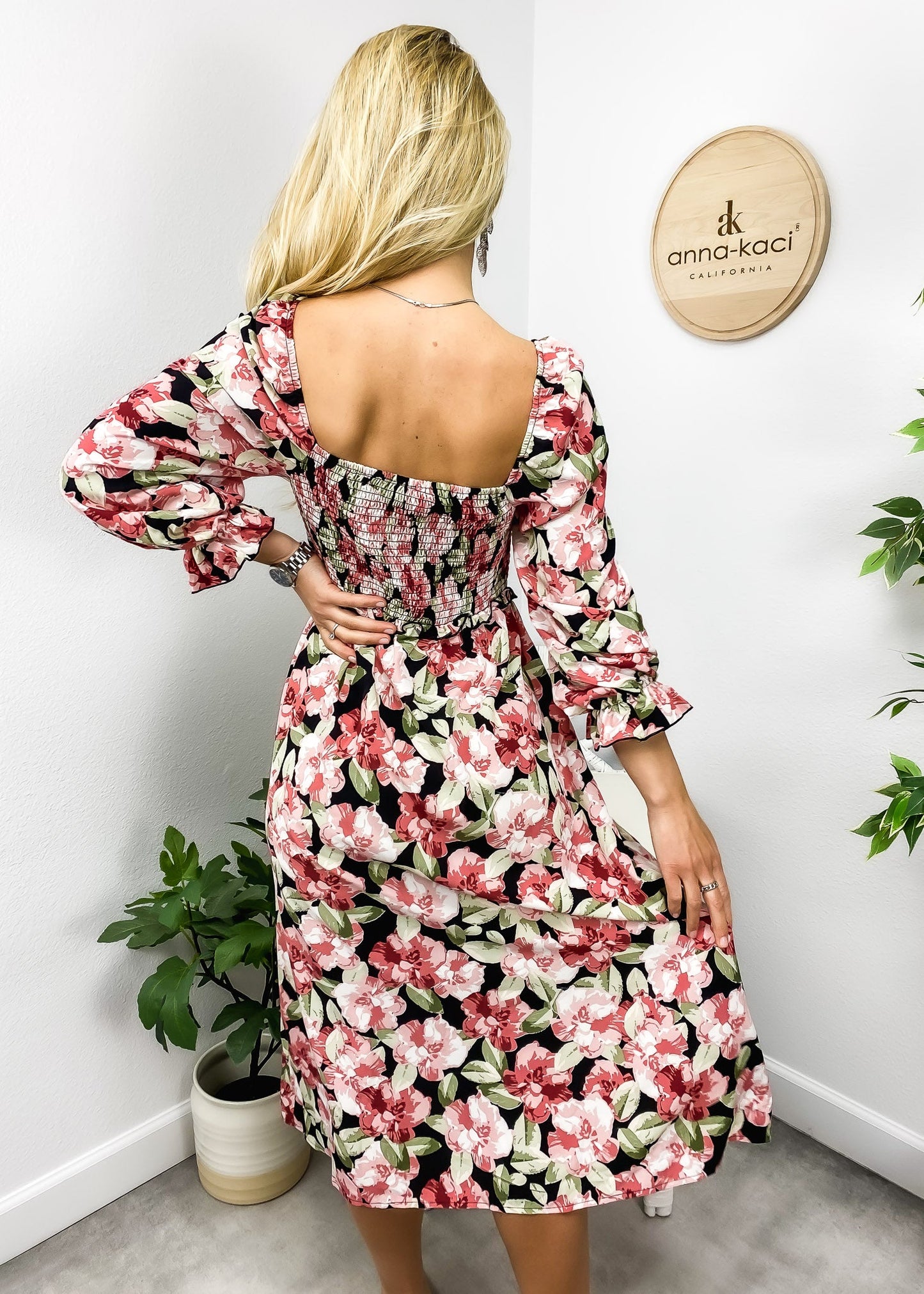 Square Neck Shirred Floral Dress by Anna-Kaci