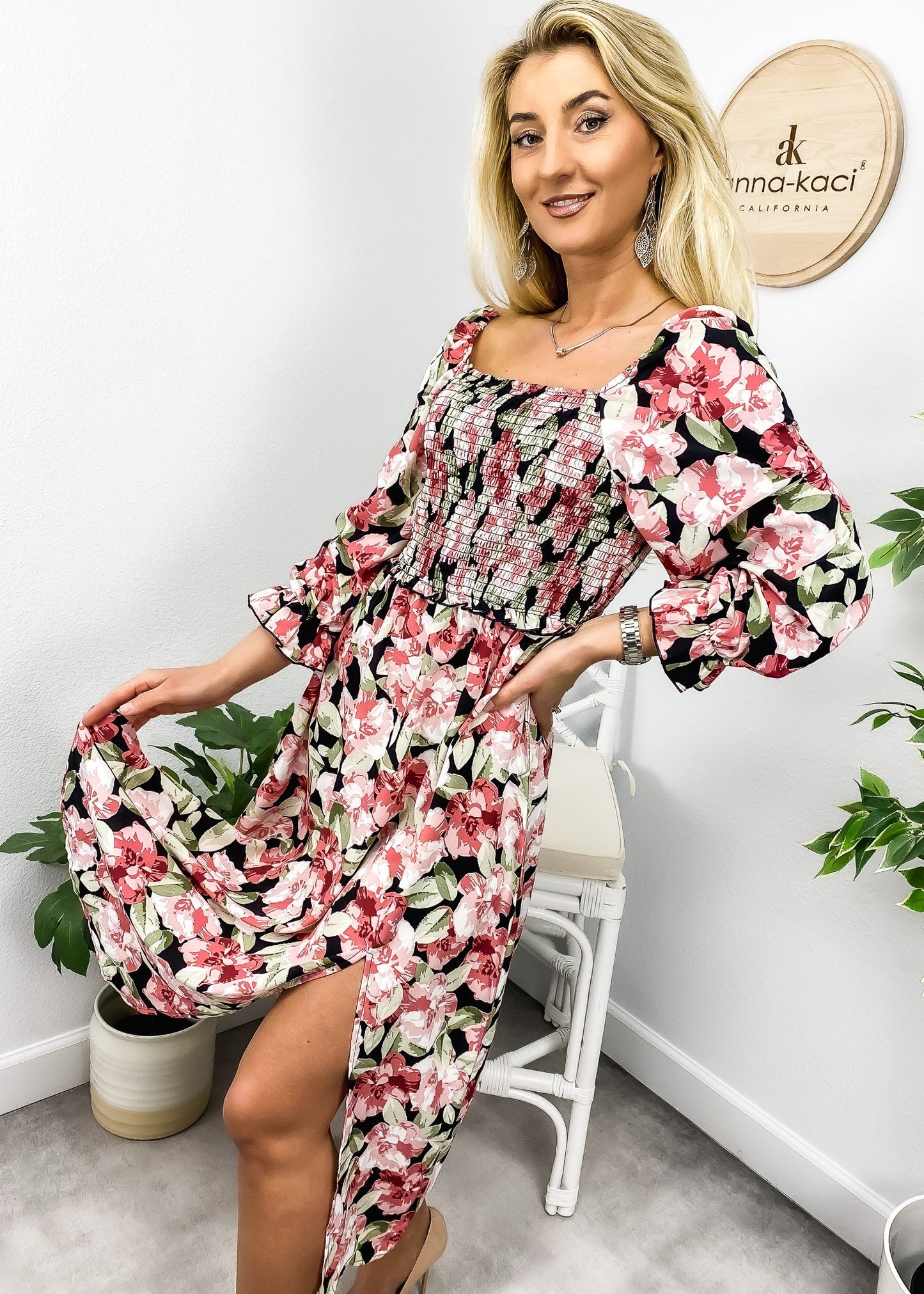 Square Neck Shirred Floral Dress by Anna-Kaci