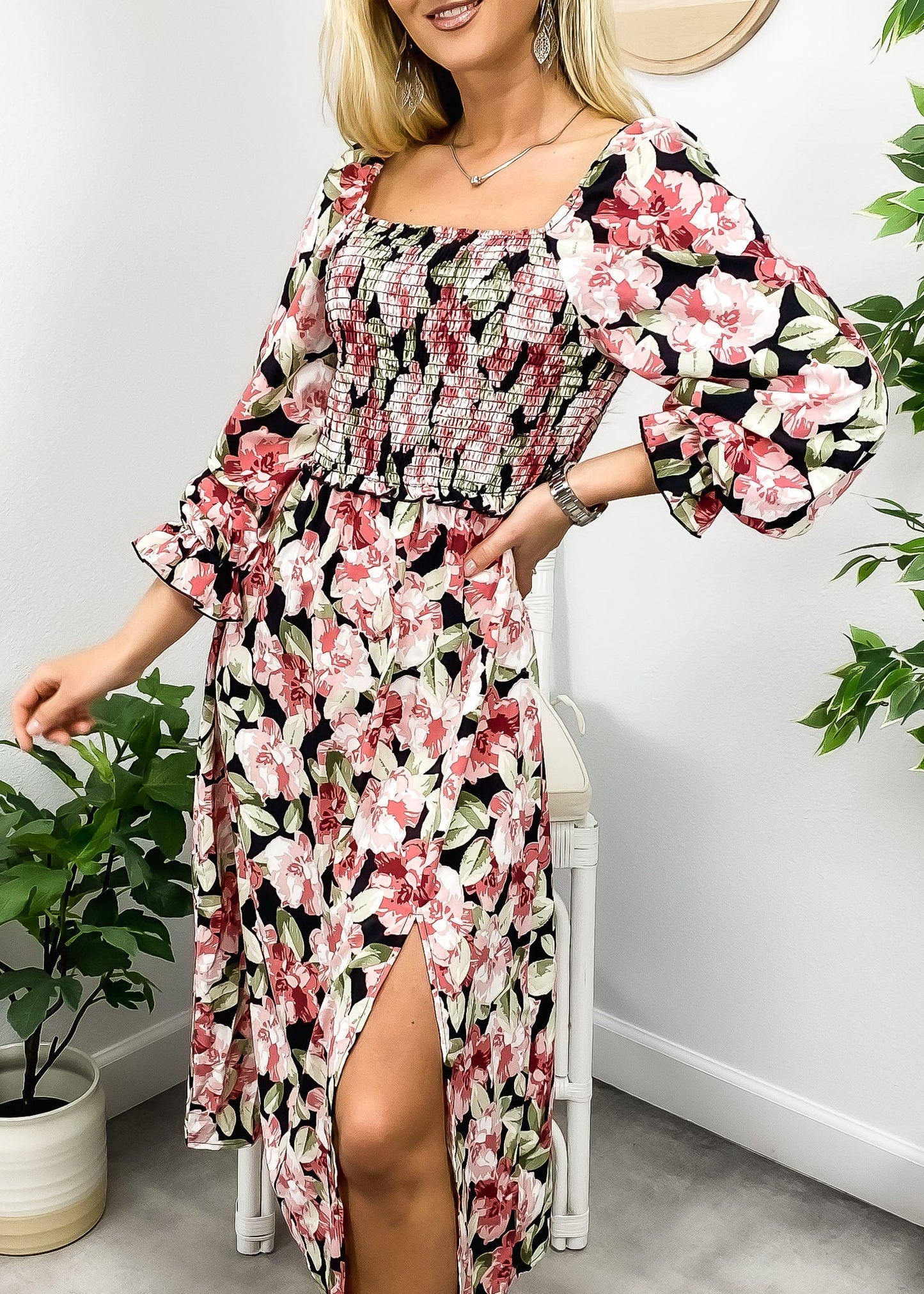 Square Neck Shirred Floral Dress by Anna-Kaci