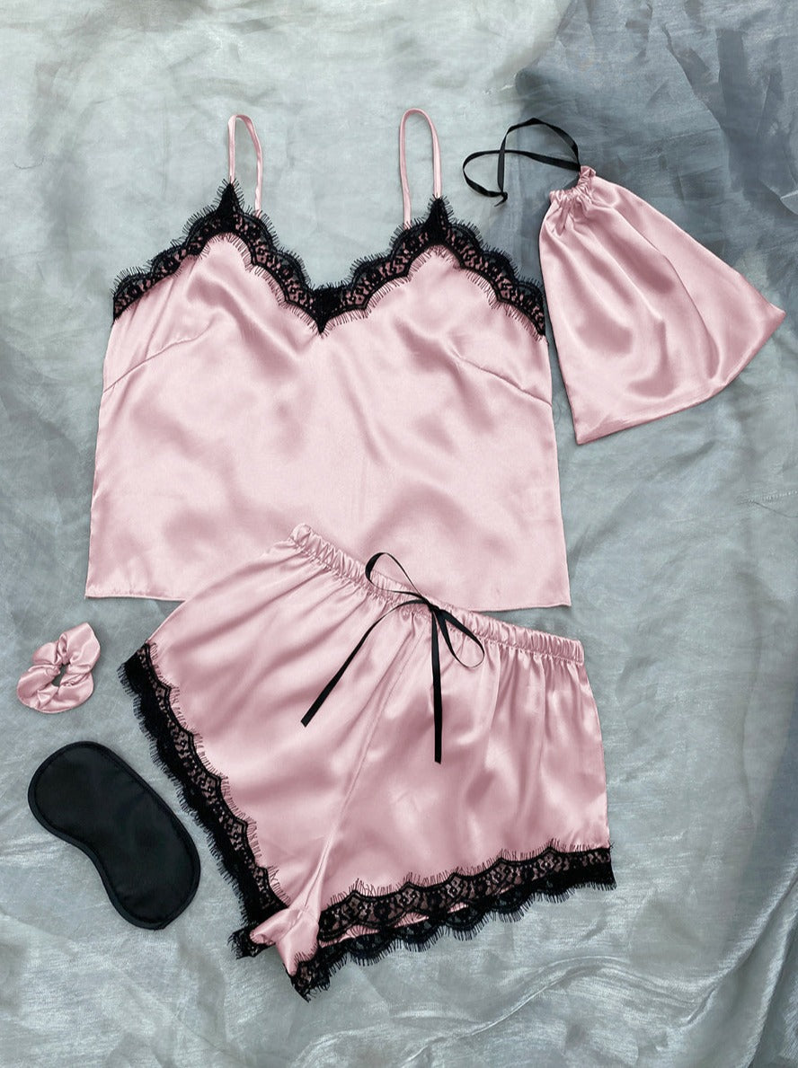 Lace Trim Satin Lounge Set by Anna-Kaci