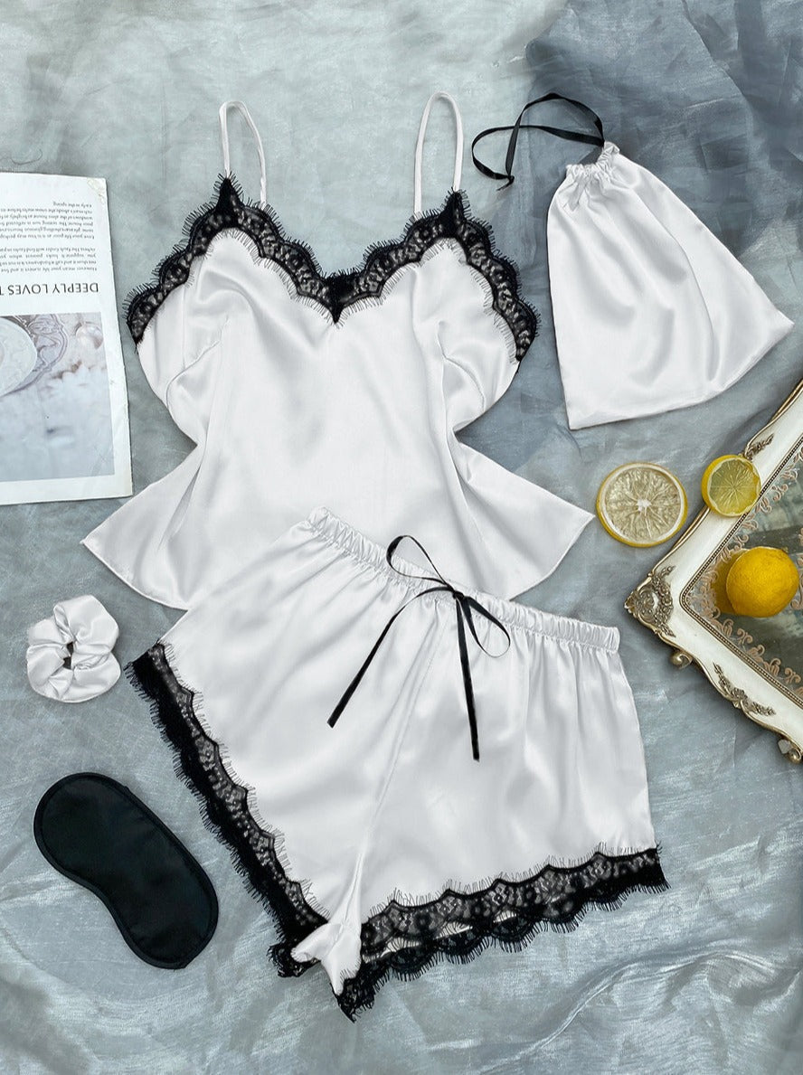 Lace Trim Satin Lounge Set by Anna-Kaci