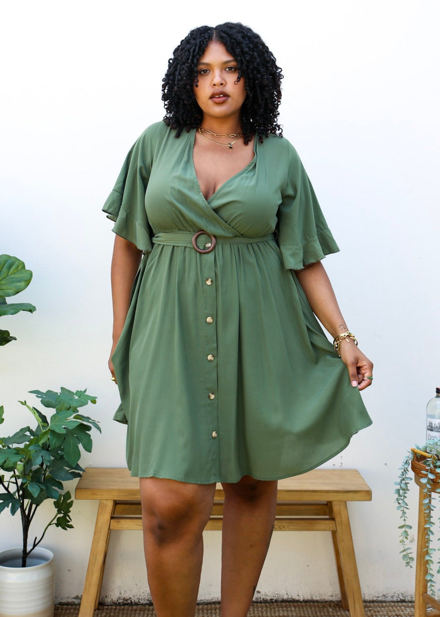 Plus Size O-Ring Tied Belt Waist Butterfly Flare Sleeve Midi Dress by Anna-Kaci