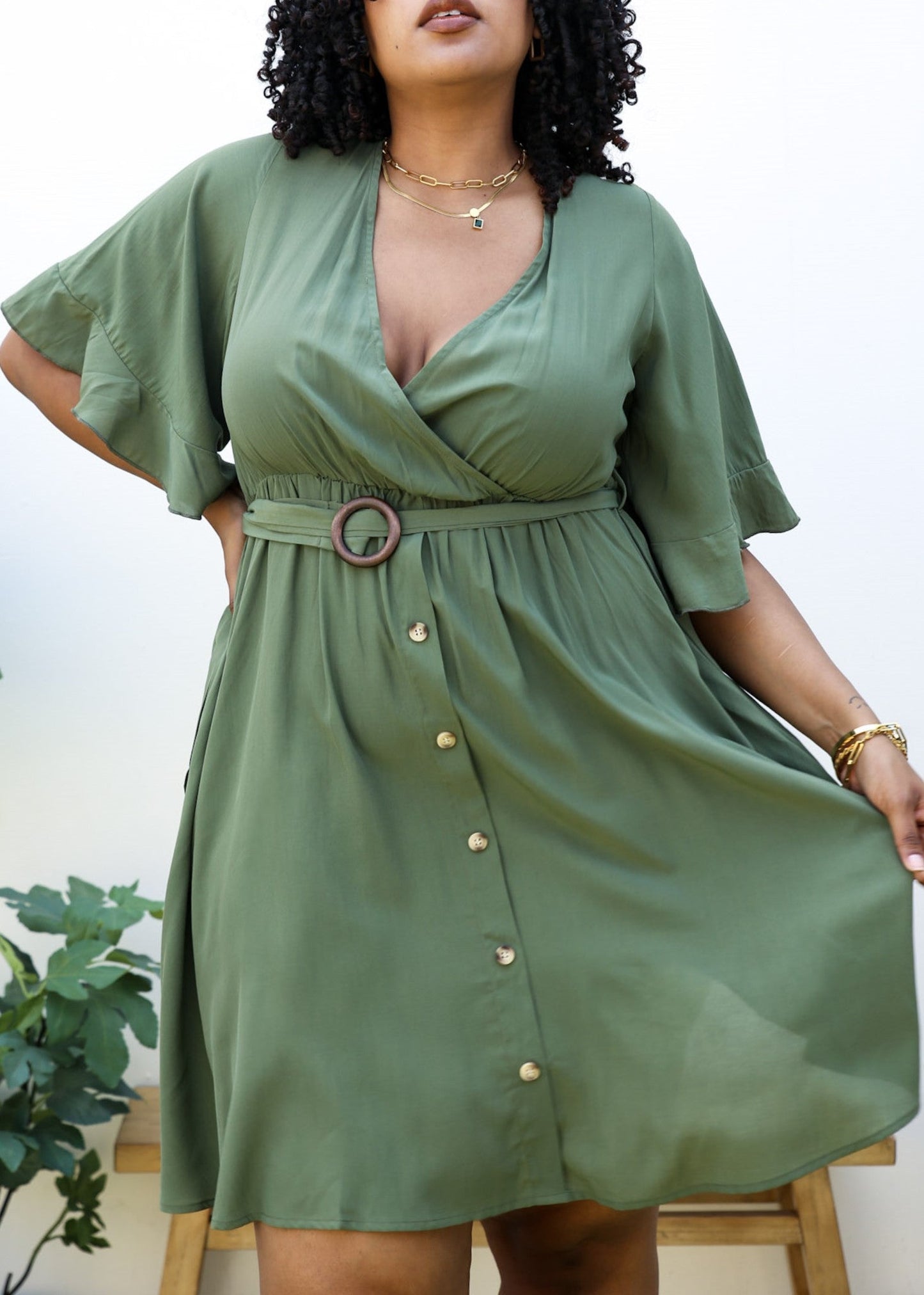 Plus Size O-Ring Tied Belt Waist Butterfly Flare Sleeve Midi Dress by Anna-Kaci