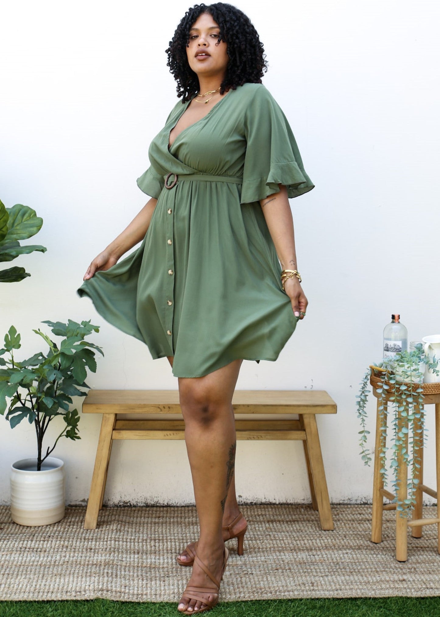 Plus Size O-Ring Tied Belt Waist Butterfly Flare Sleeve Midi Dress by Anna-Kaci