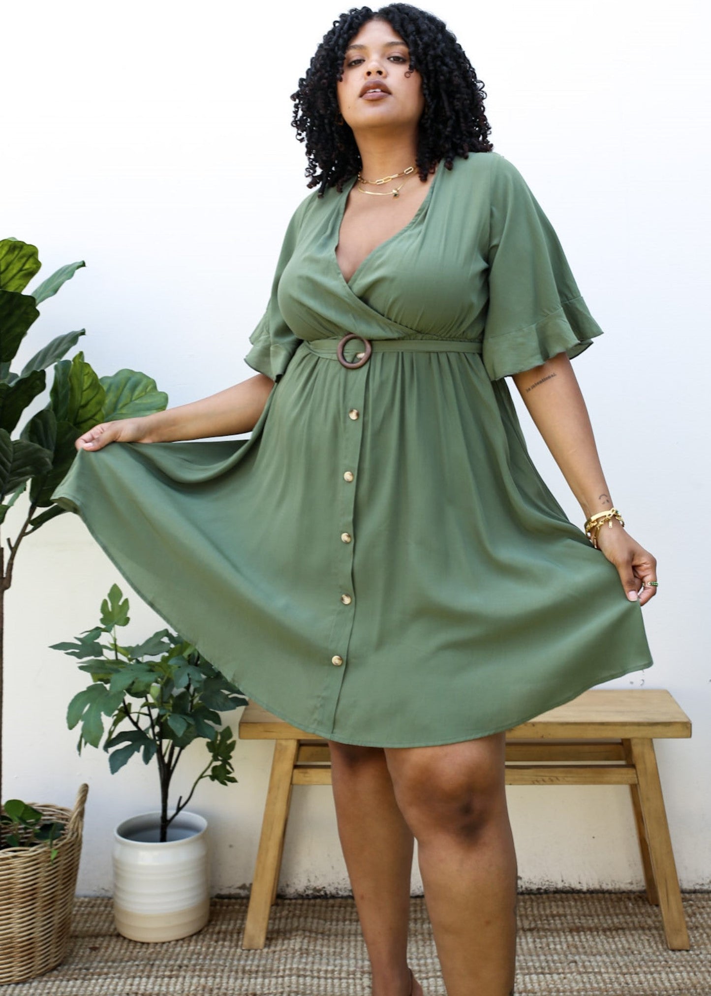 Plus Size O-Ring Tied Belt Waist Butterfly Flare Sleeve Midi Dress by Anna-Kaci