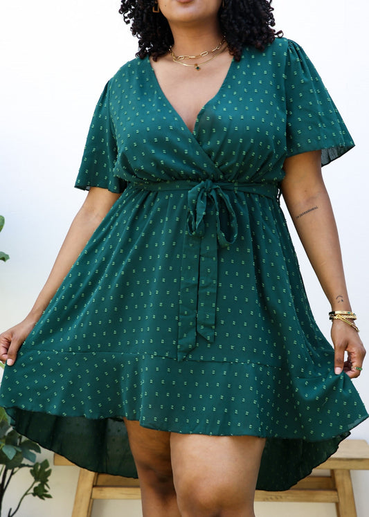 Plus Size Green Swiss Dot Midi Dress with High-Low Skirt by Anna-Kaci