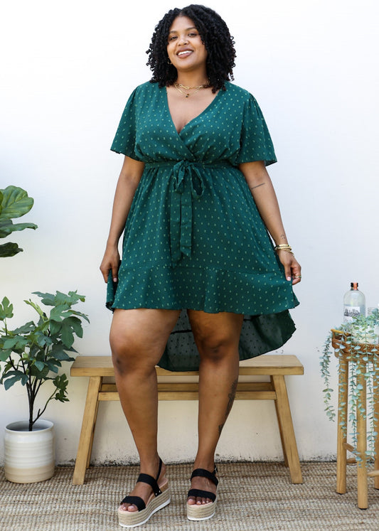 Plus Size Green Swiss Dot Midi Dress with High-Low Skirt by Anna-Kaci