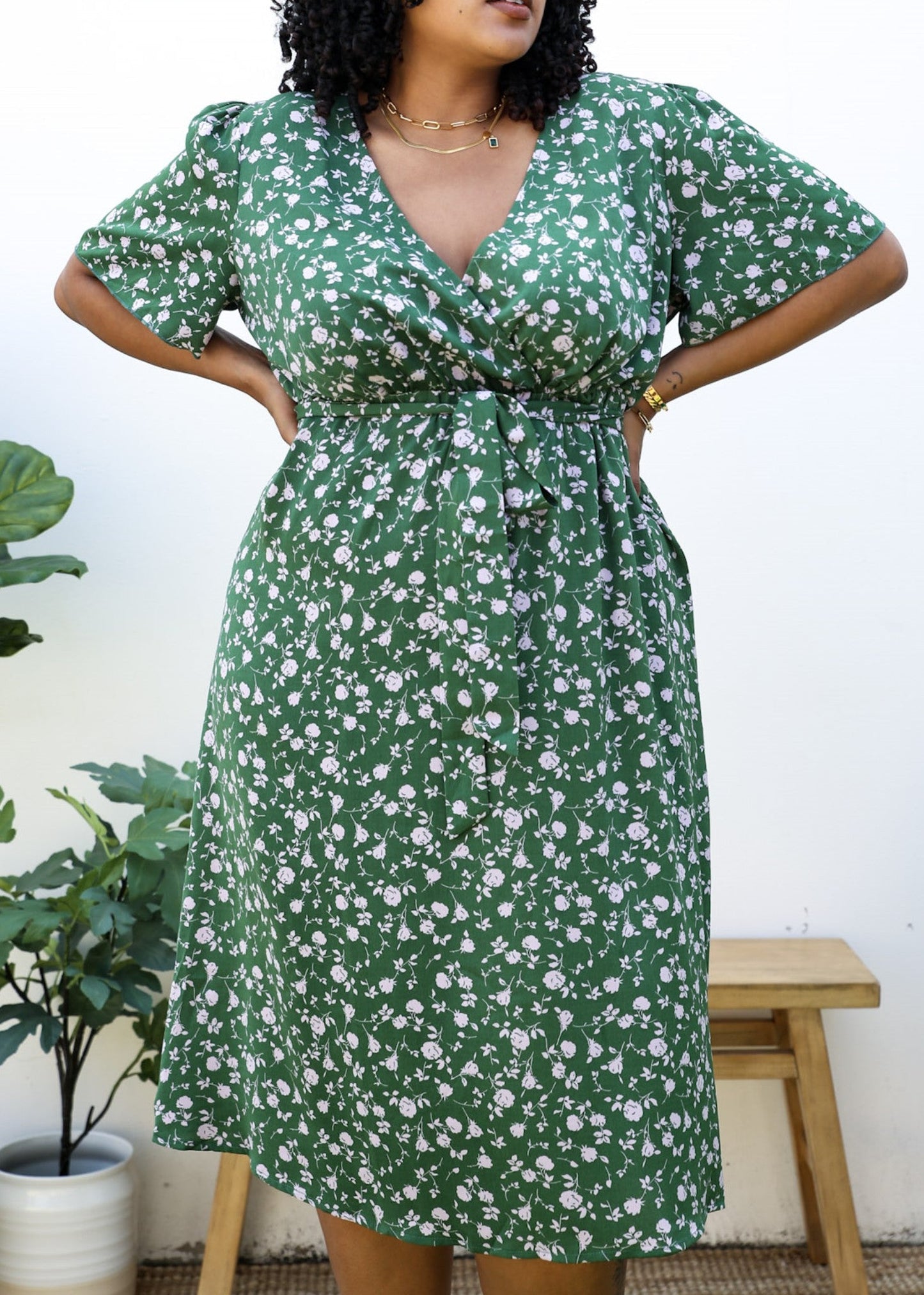 Plus Size Green Maxi Dress with Light Pink Floral Print by Anna-Kaci