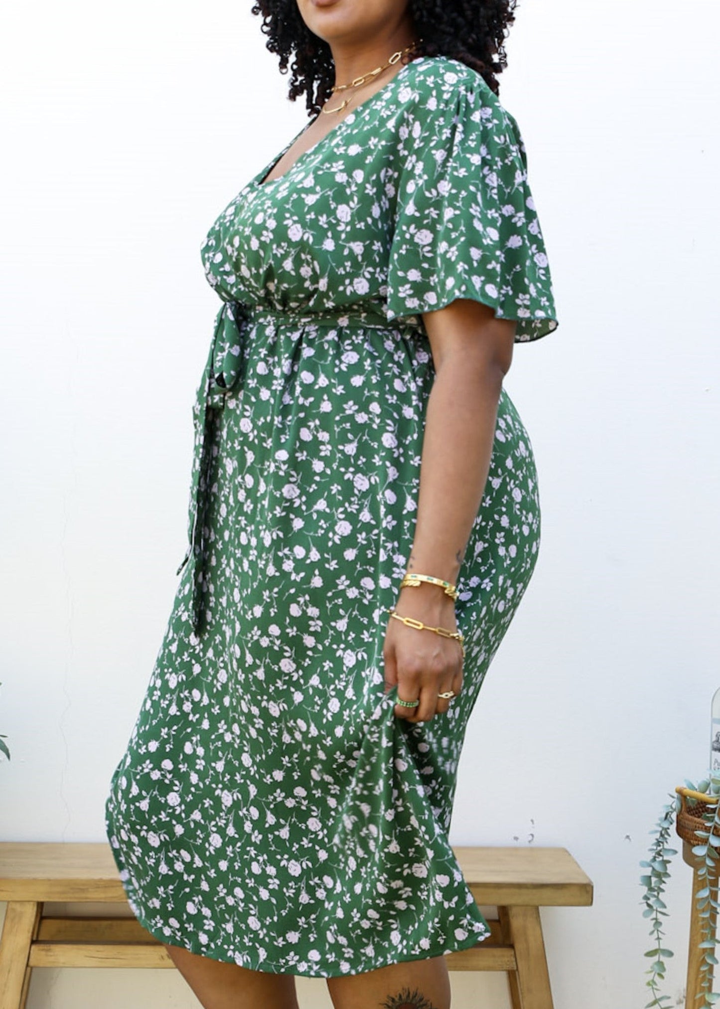 Plus Size Green Maxi Dress with Light Pink Floral Print by Anna-Kaci