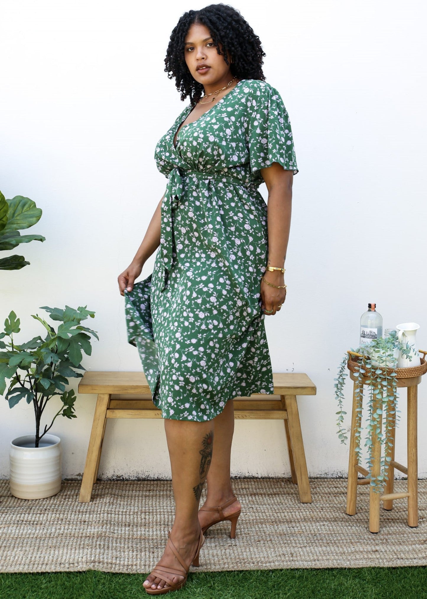 Plus Size Green Maxi Dress with Light Pink Floral Print by Anna-Kaci