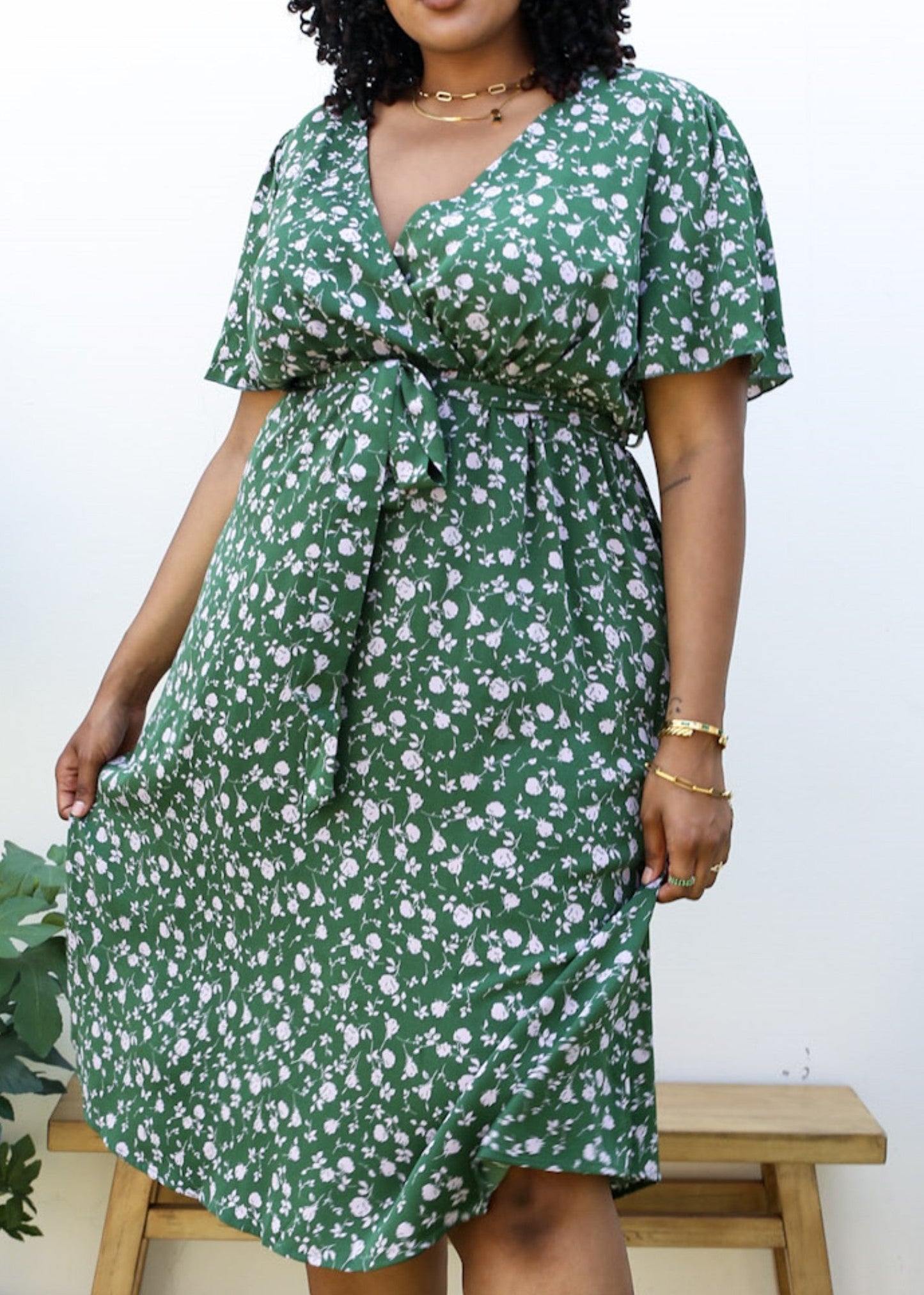 Plus Size Green Maxi Dress with Light Pink Floral Print by Anna-Kaci