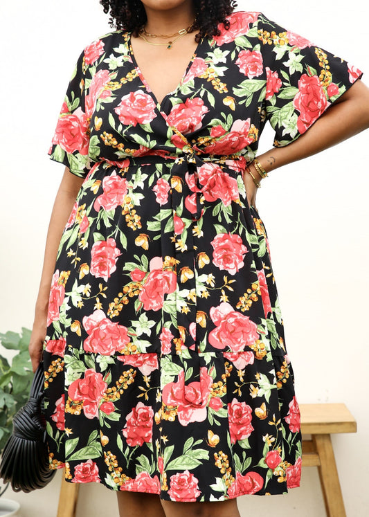 Plus Size Tropical Floral Print Midi Dress with Tied Belt Waist by Anna-Kaci