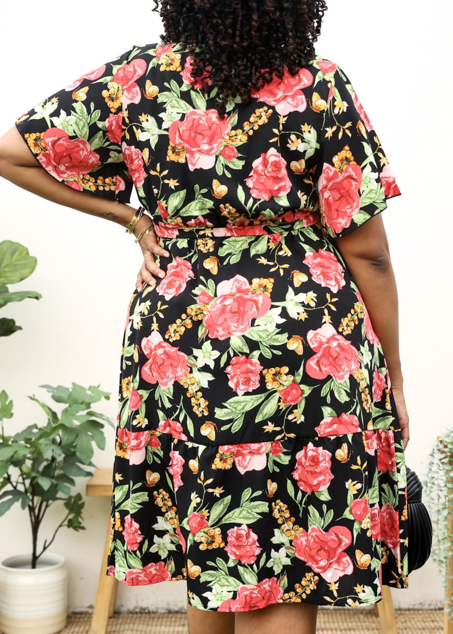 Plus Size Tropical Floral Print Midi Dress with Tied Belt Waist by Anna-Kaci