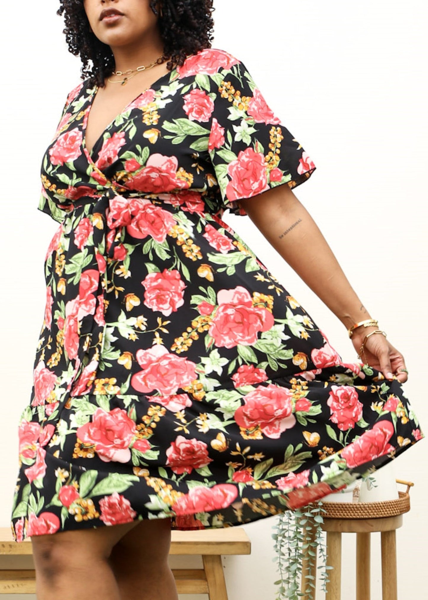 Plus Size Tropical Floral Print Midi Dress with Tied Belt Waist by Anna-Kaci