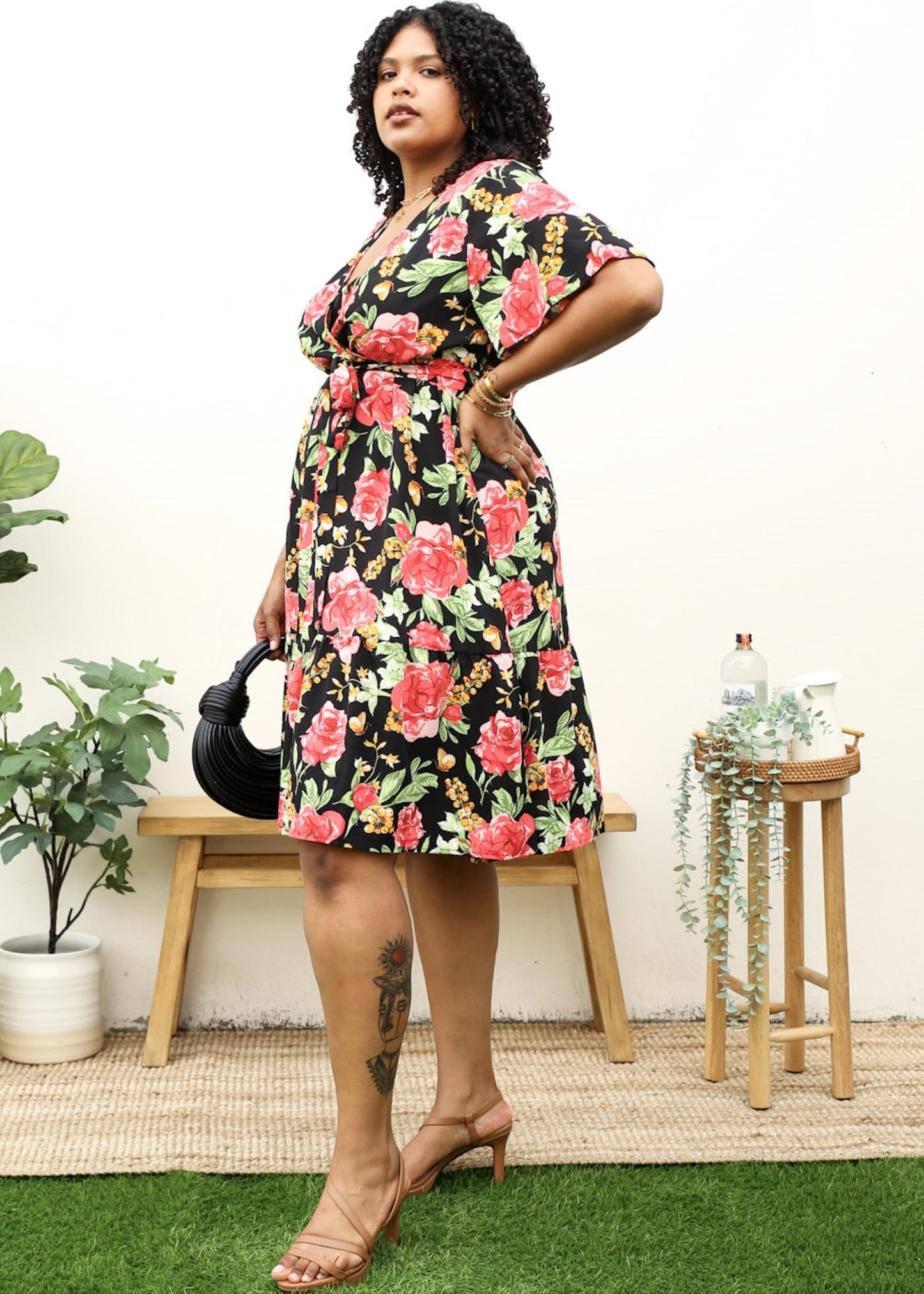 Plus Size Tropical Floral Print Midi Dress with Tied Belt Waist by Anna-Kaci