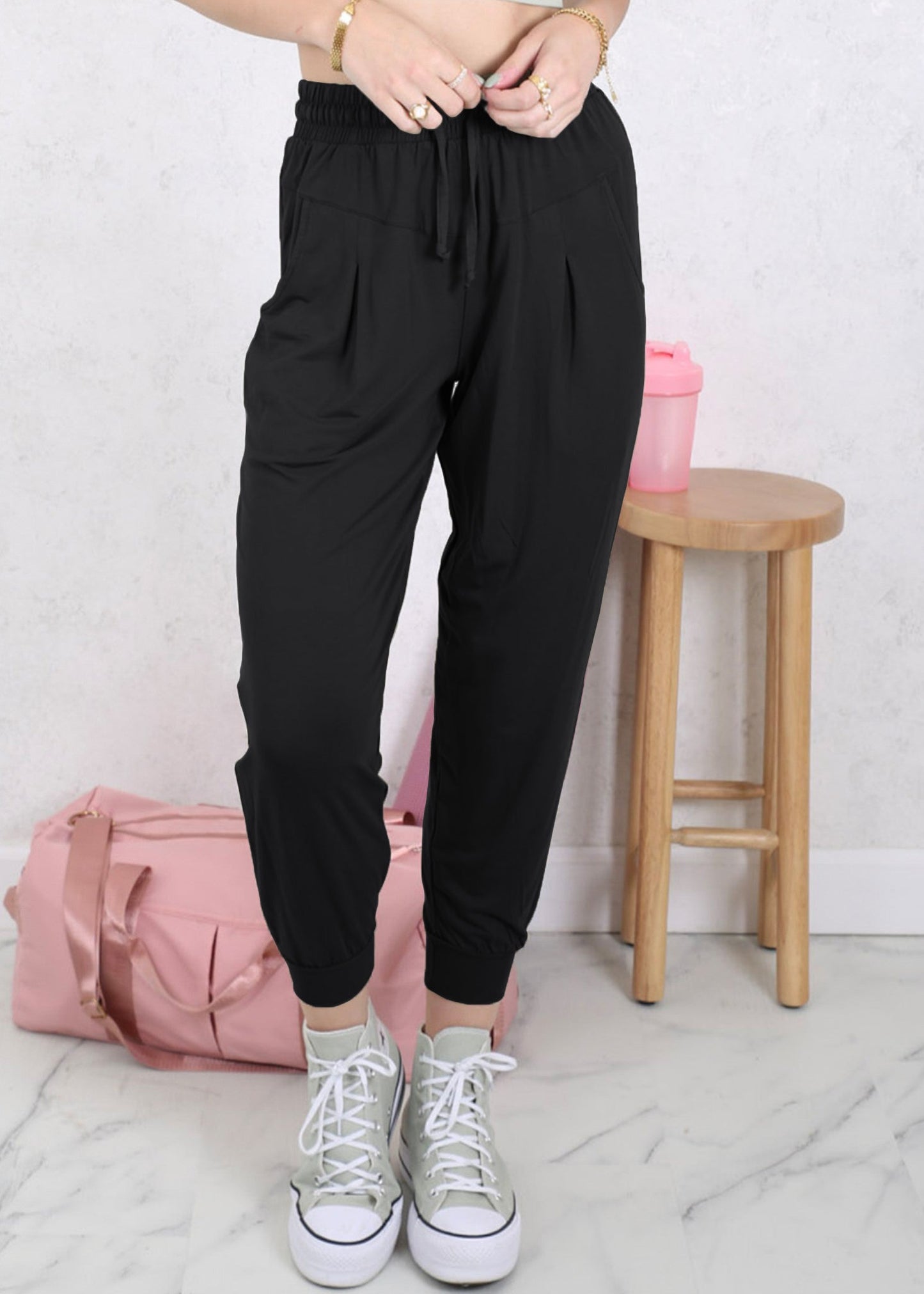 Drawstring Waist Pleated Detail Jogger by Anna-Kaci