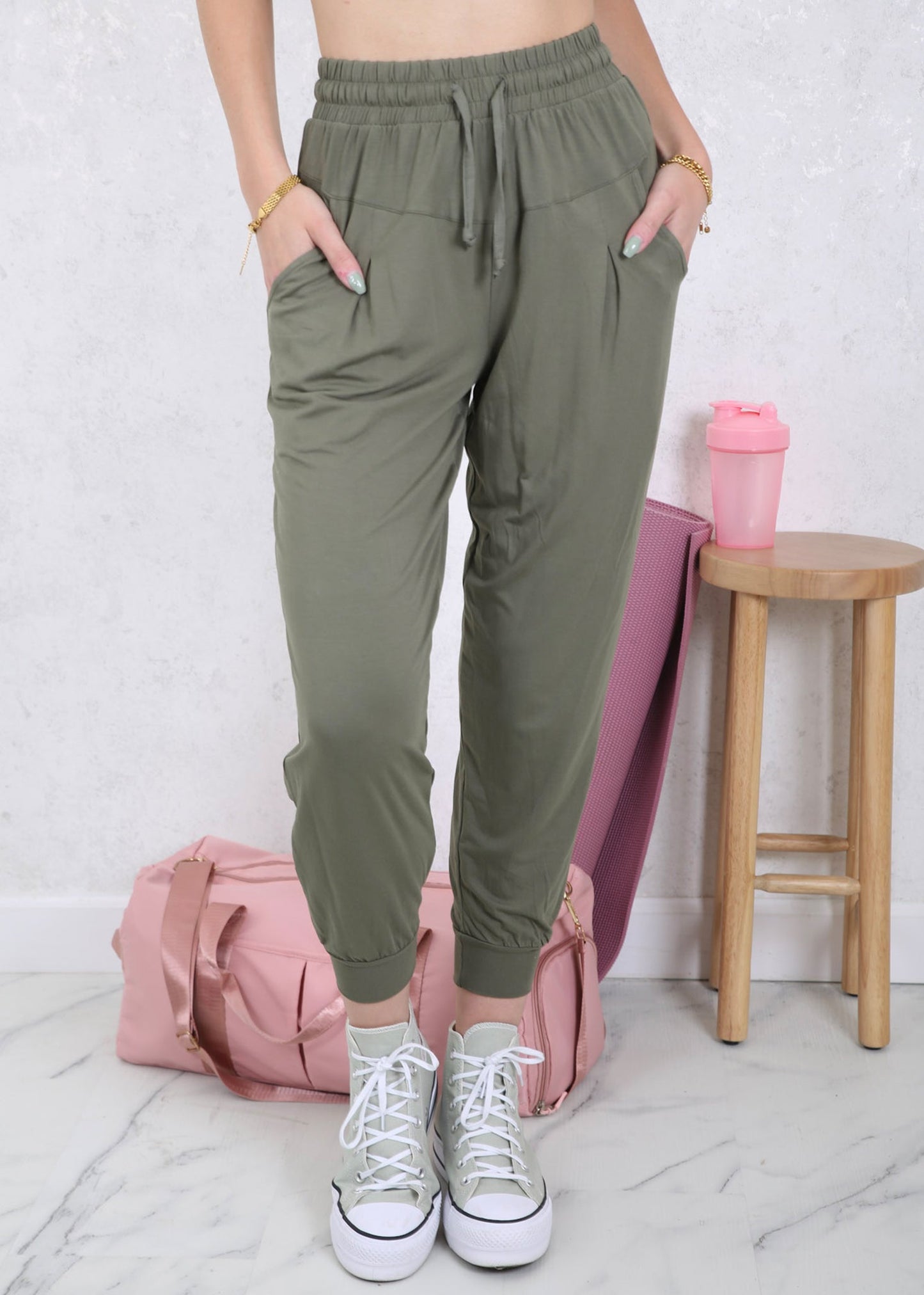 Drawstring Waist Pleated Detail Jogger by Anna-Kaci