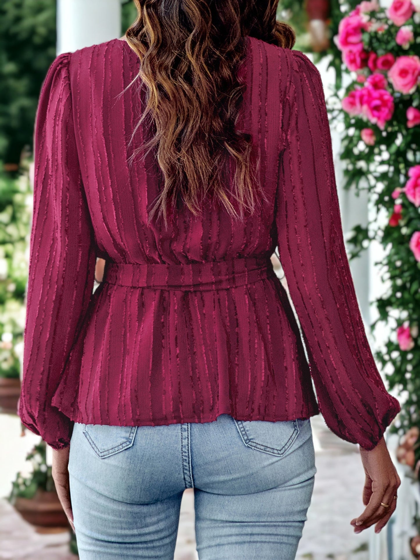 V Neck Textured Peplum Hem Long Sleeve Blouse by Anna-Kaci