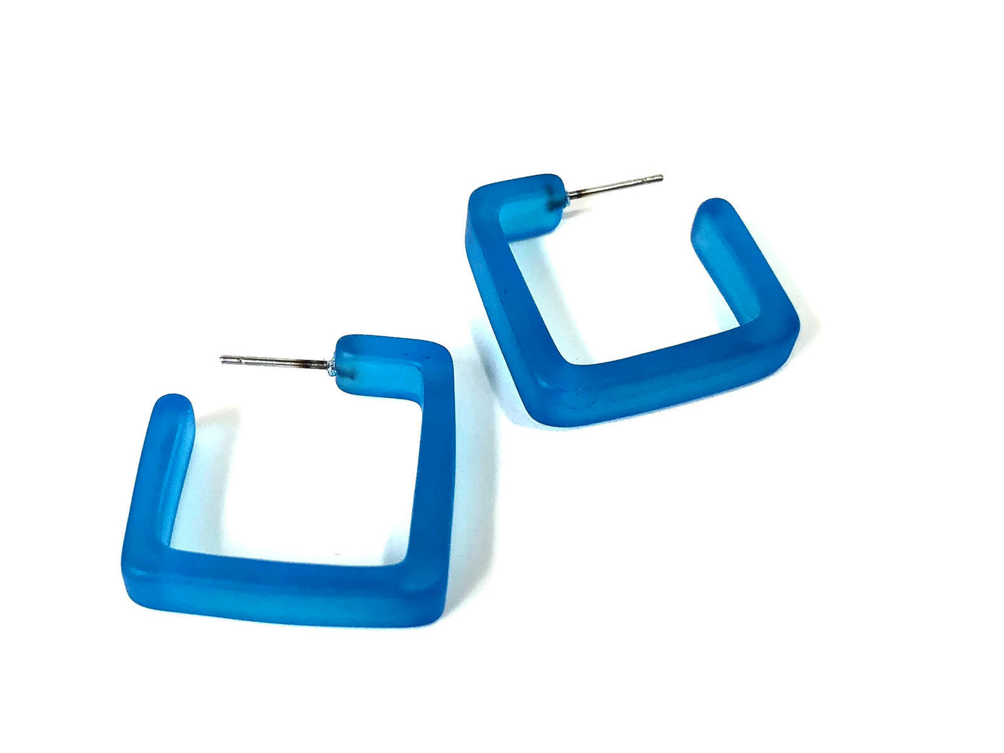 Aqua Blue Frosted Square Hoop Earrings