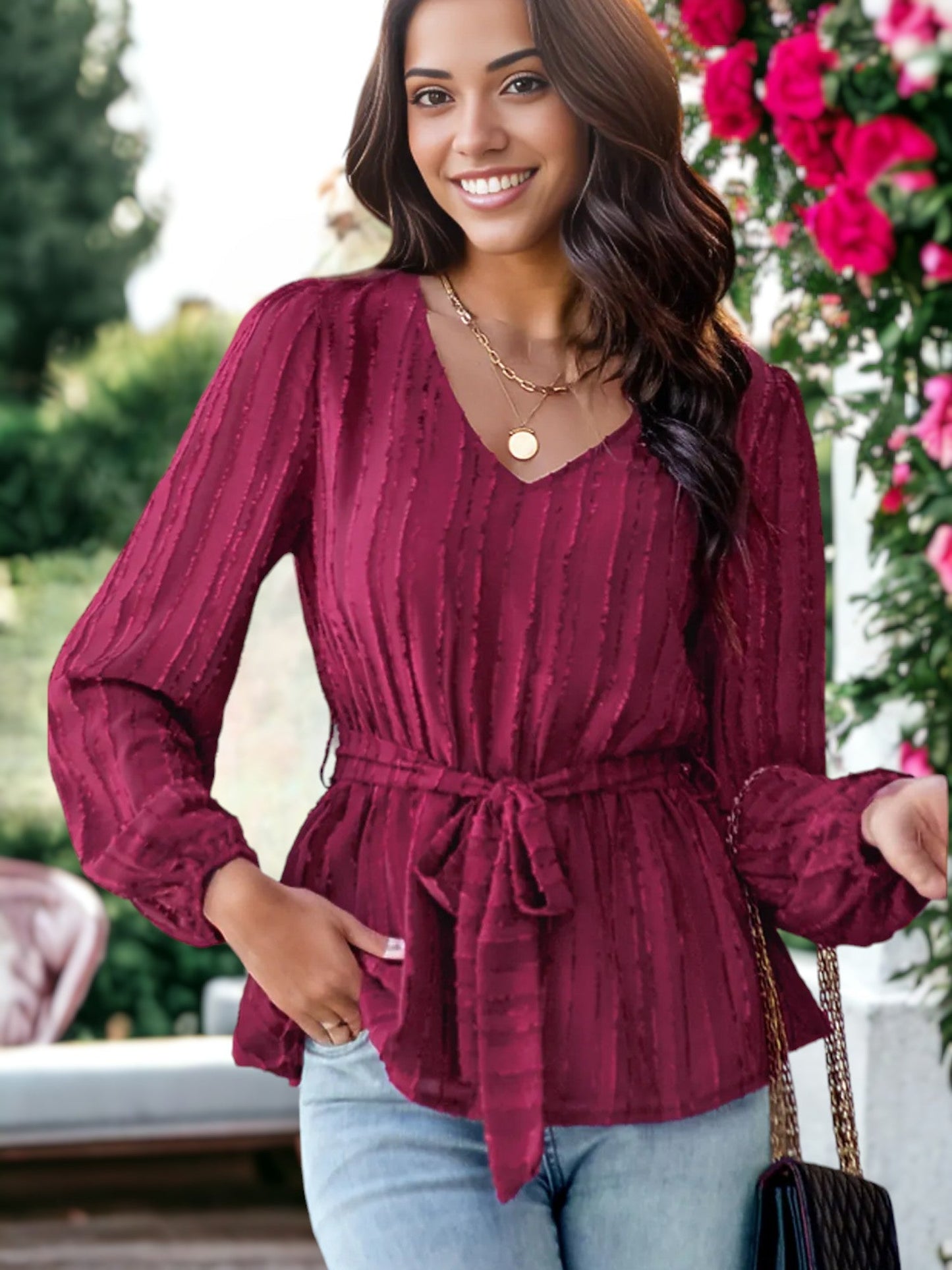 V Neck Textured Peplum Hem Long Sleeve Blouse by Anna-Kaci