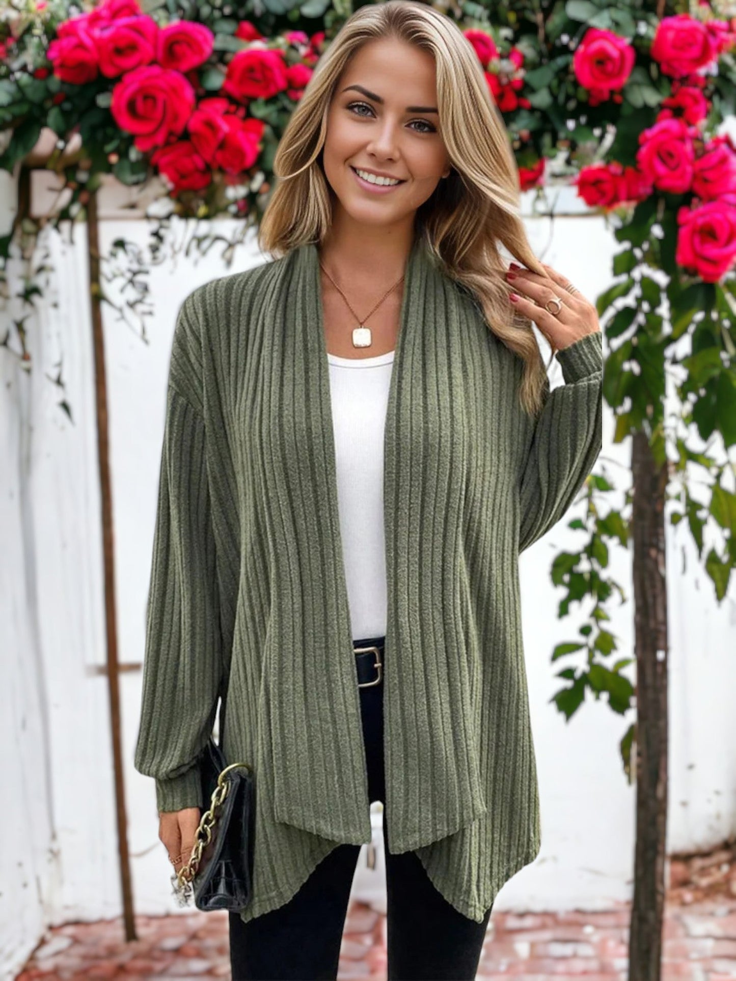 Ribbed Knit Light Draped Textured Cardigan by Anna-Kaci