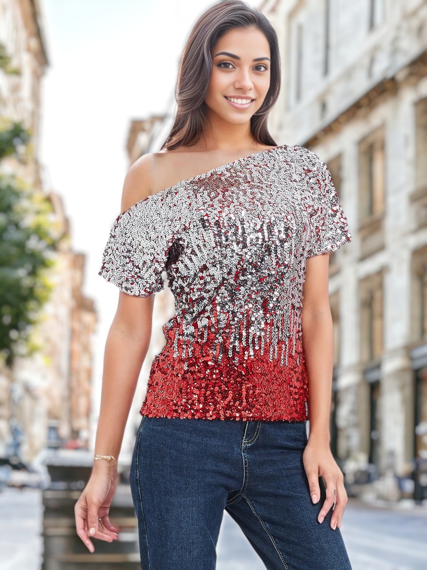 One Shoulder Cap Sleeve Sequin Top by Anna-Kaci