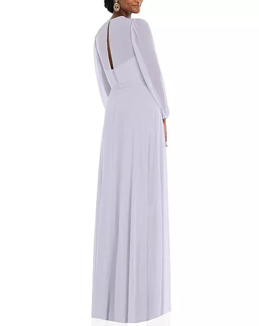 STRAPLESS CHIFFON MAXI DRESS WITH PUFF SLEEVE BLOUSON OVERLAY IN SILVER DOVE SIZE 14R