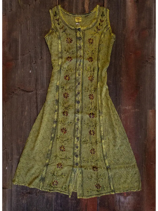 Bohemian Cottage Core Embroidered Button Down Dress Green/Dark Chartruese/Plus