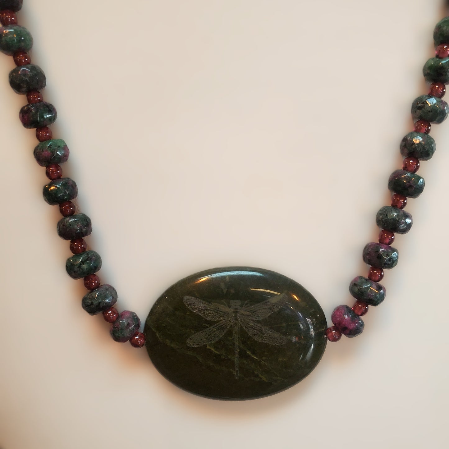 Zoisite Beads with Carved Jade Dragonfly Necklace