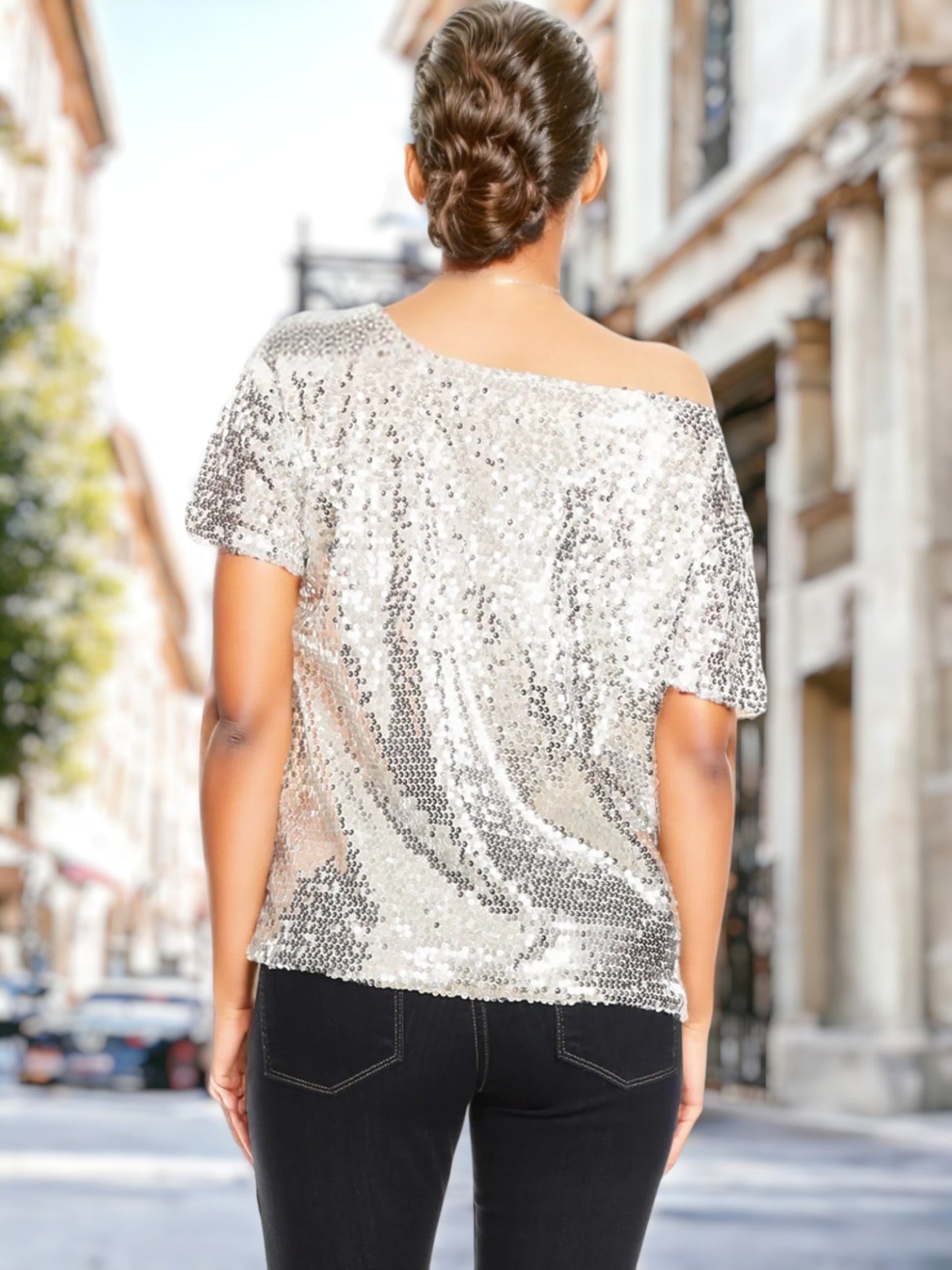 One Shoulder Cap Sleeve Sequin Top by Anna-Kaci