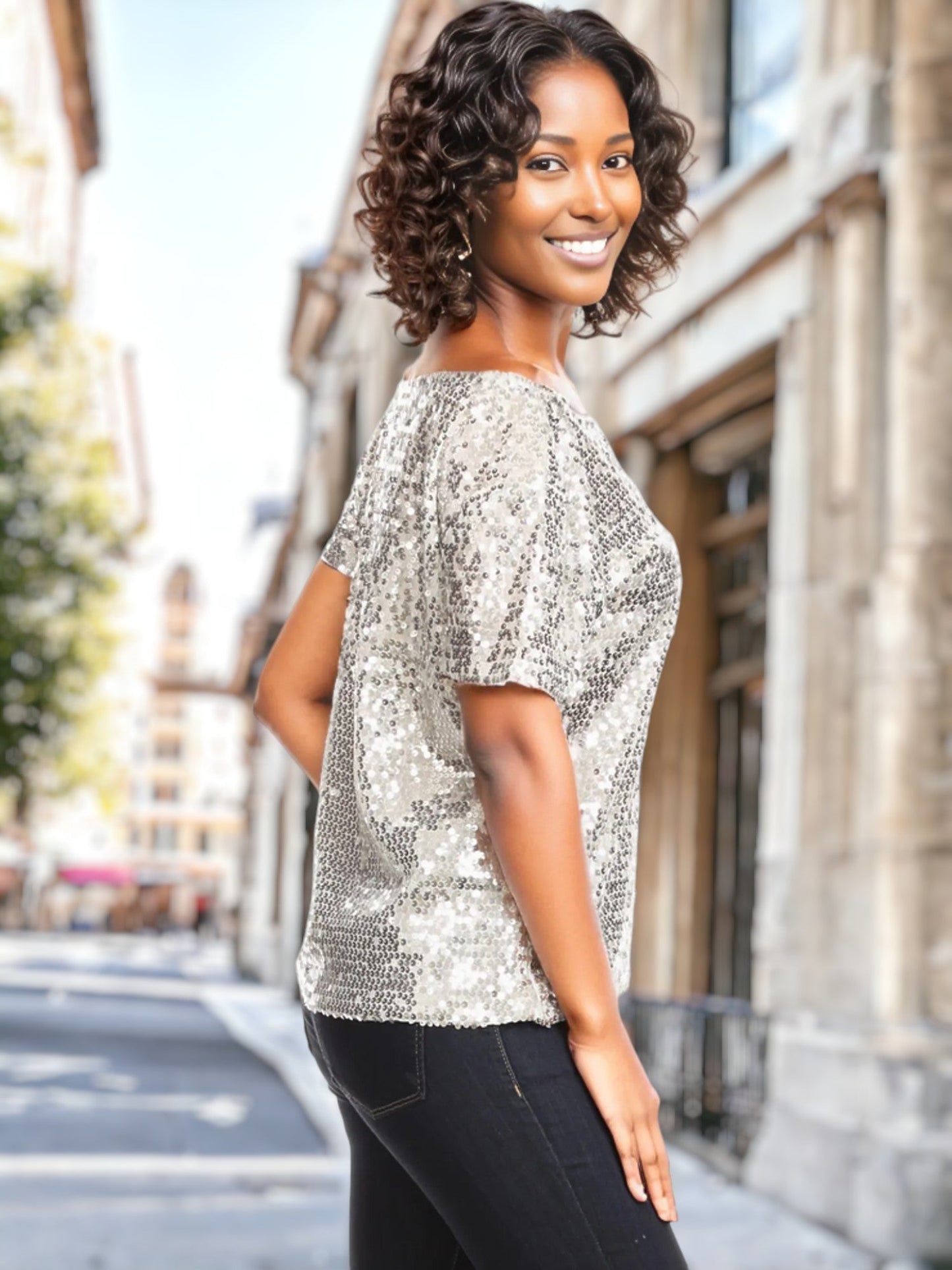 One Shoulder Cap Sleeve Sequin Top by Anna-Kaci