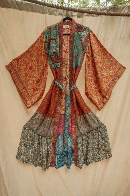 Hippie Boho Patchwork Kimono, Silk Kimono Robe Duster Multicolor Recycled
